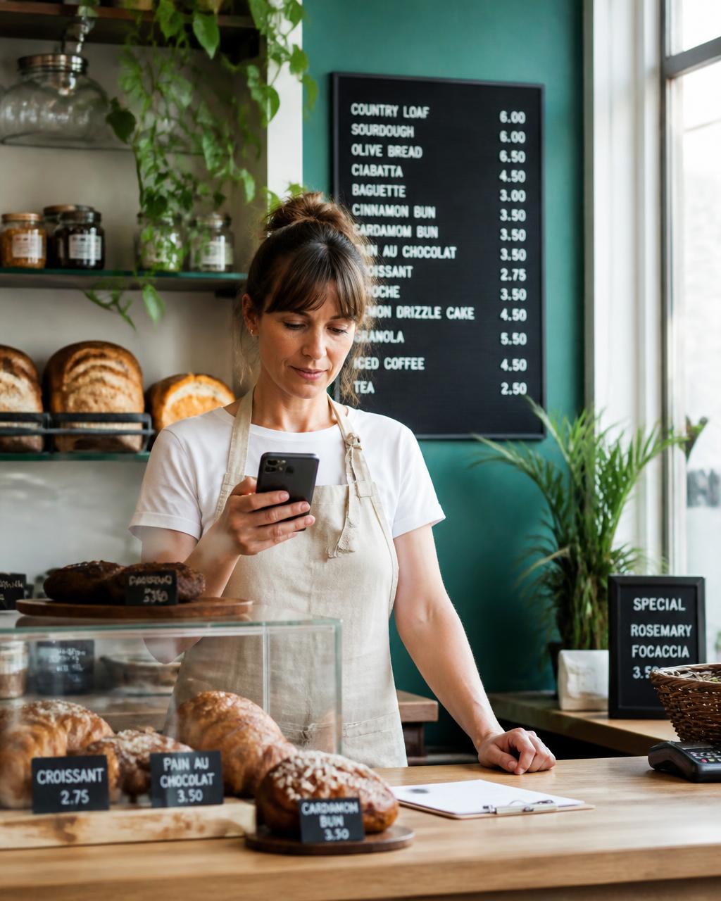 A baker checking her phone behind the counter of her shop