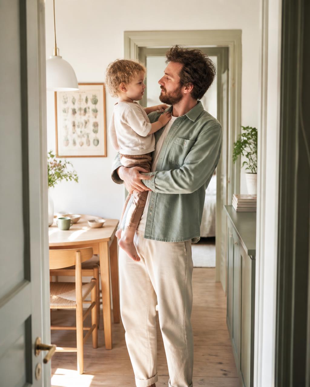 A parent holding a toddler in the doorway of their kitchen