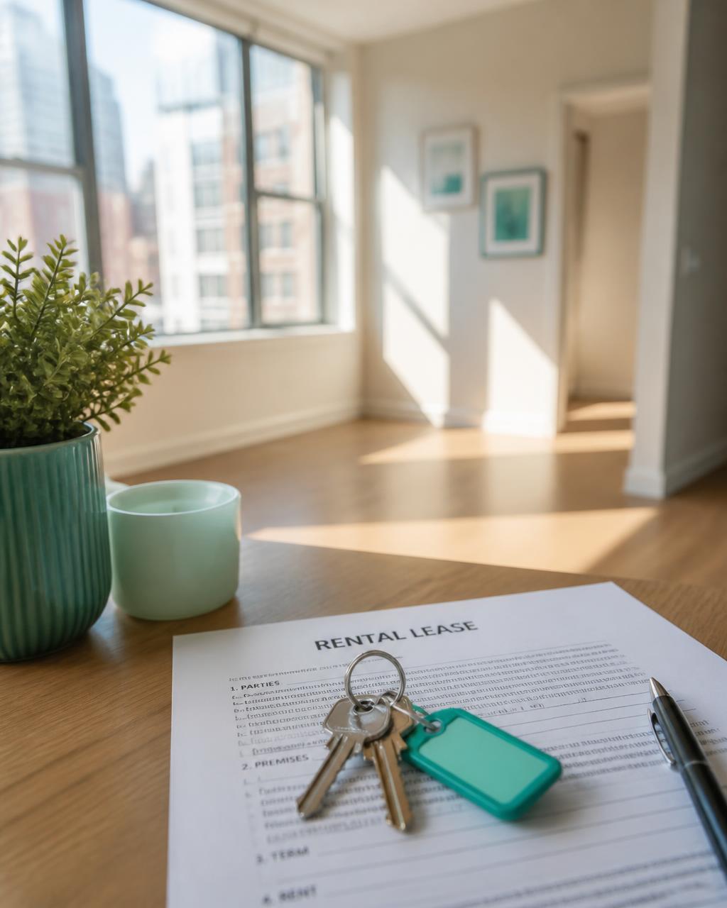 A signed rental lease and a set of keys on a table in an empty flat